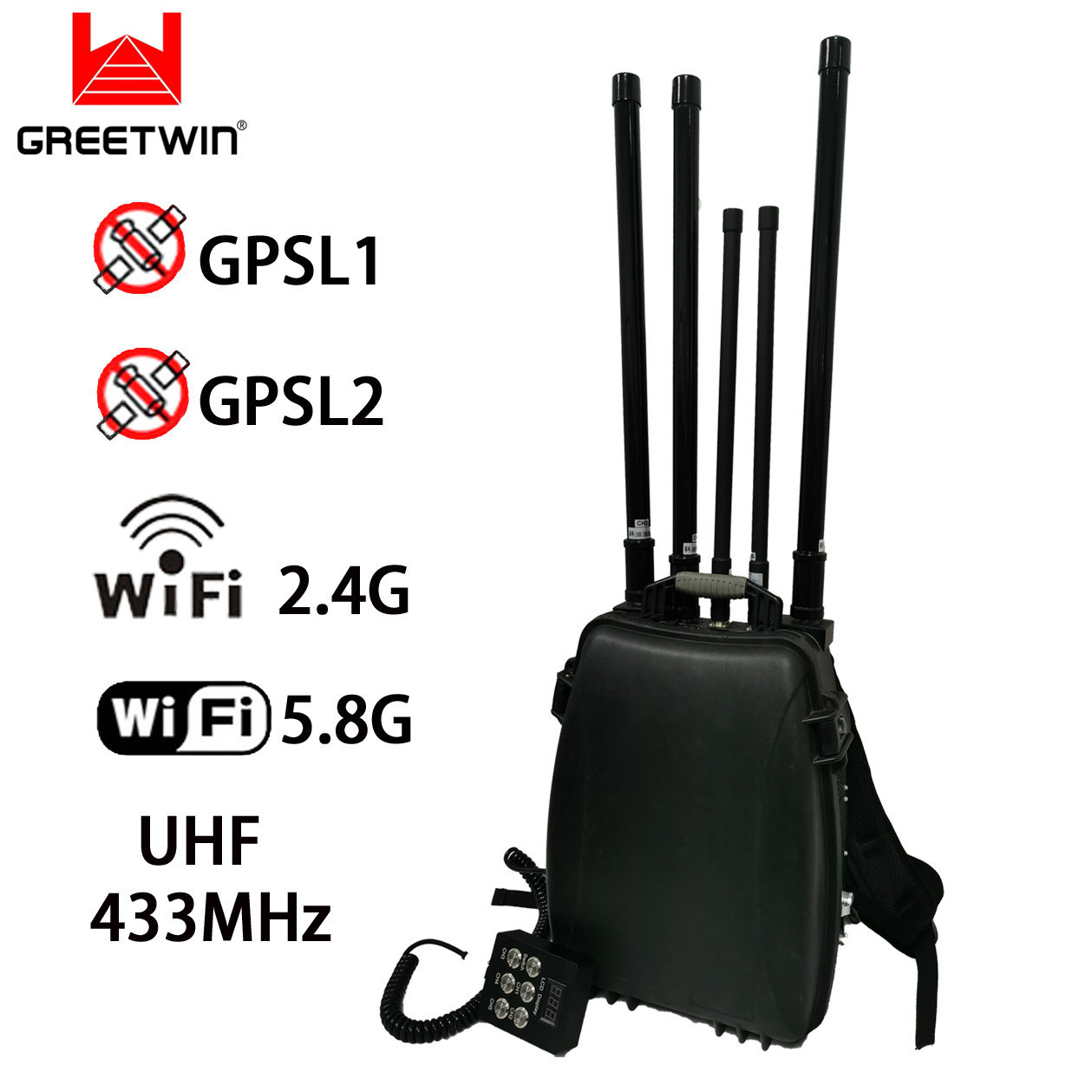 1,5 km UHF 433 MHz Mochila Drone Jammer WiFi 2,4 G 5,8 G